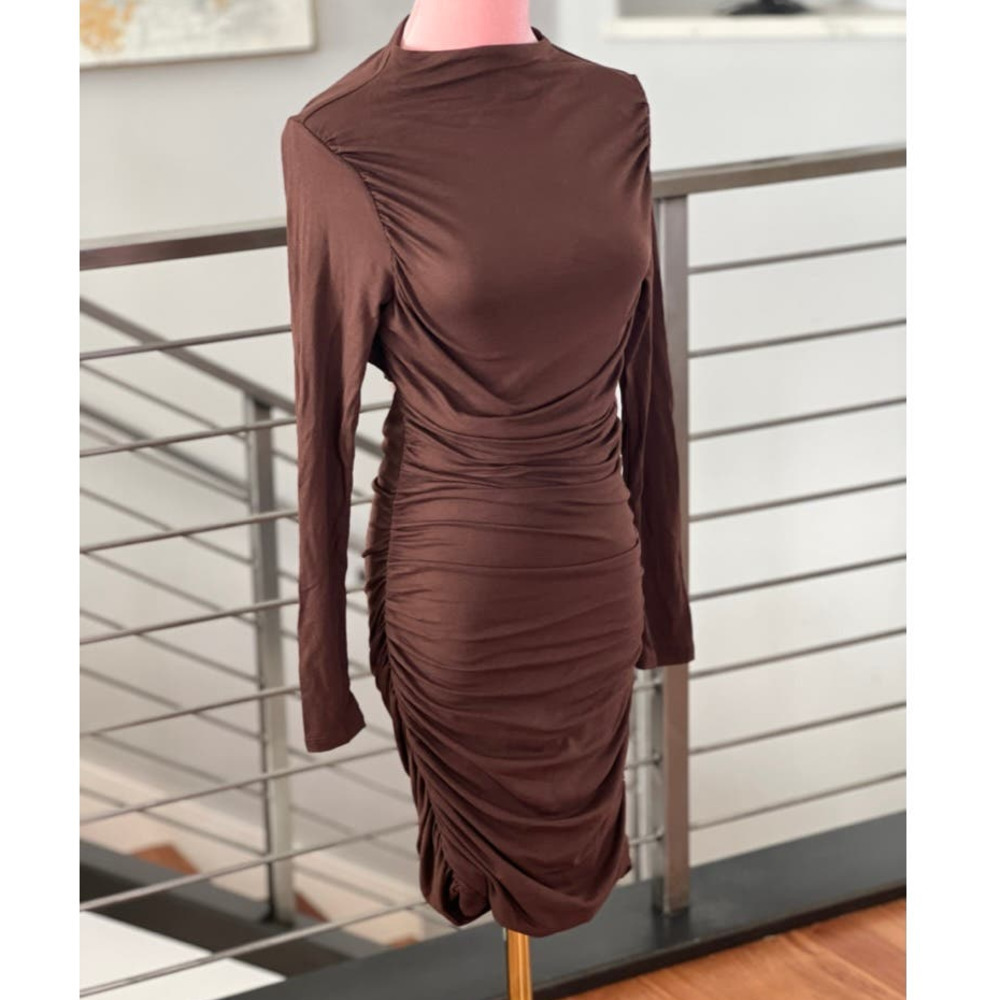 Naked Wardrobe Ruched Long Sleeve Back Cutout Mini Dress in Chocolate - Picture 3 of 11